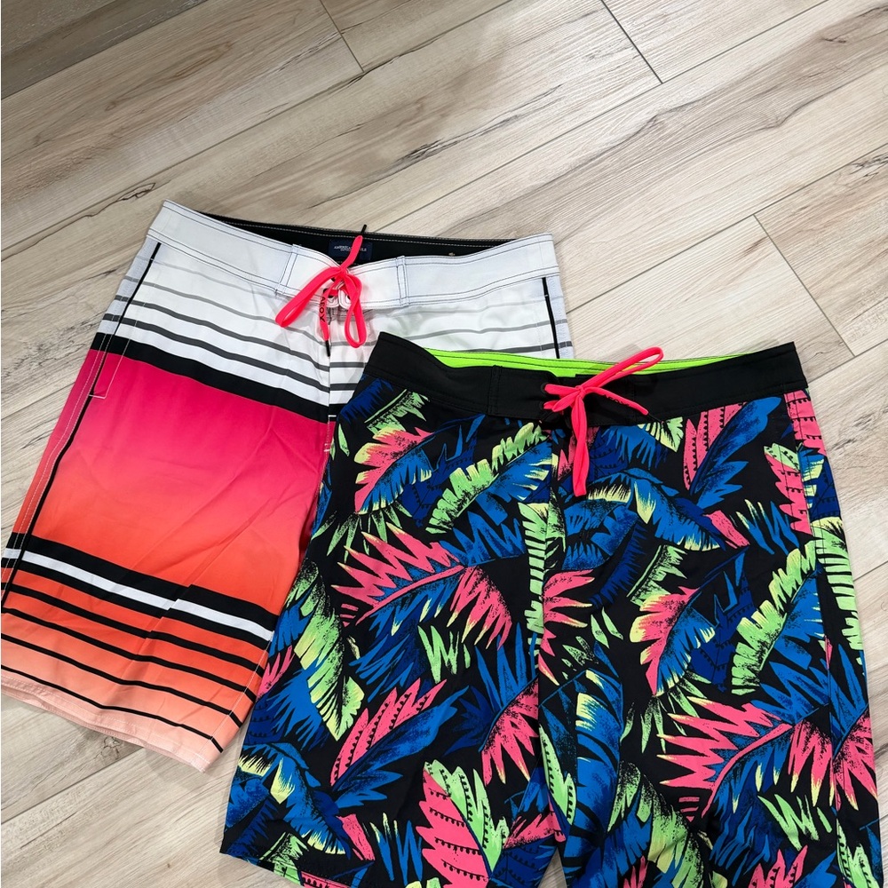 American Eagle Outfitters Neon Green and White Swim Trunks
